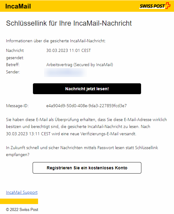 Bildschirmfoto eines Schlüssellinks zum lesen einer Nachricht