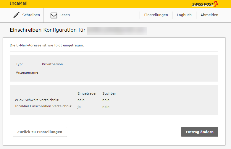 Bildschirmfoto zum Konfigurieren von Einschreiben
