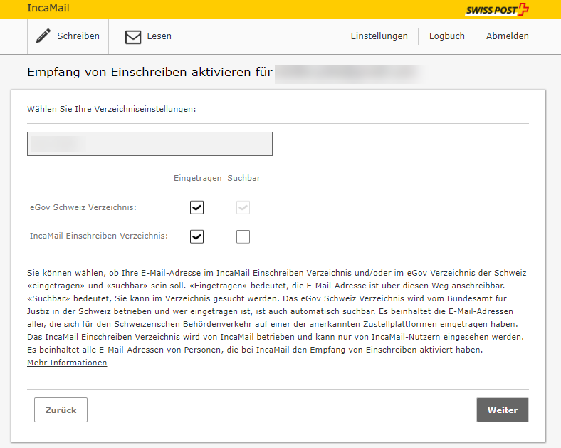 Bildschirmfoto zum Empfang von Einschreiben