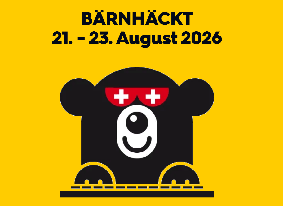 Yellow poster reading “BÄRNHÄCKT August 21–23, 2026” featuring a stylized black bear figure with red glasses.