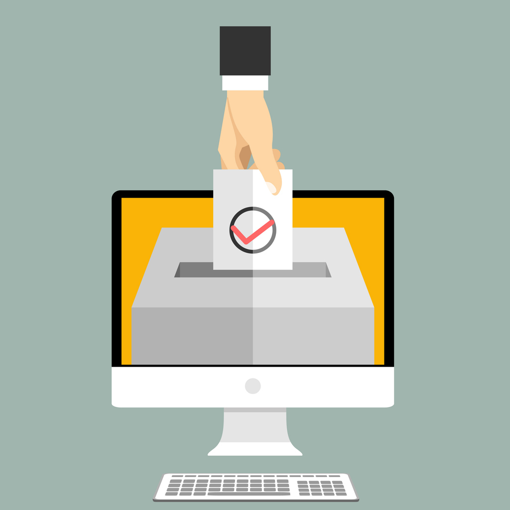 Illustration eines Computers, in dessen Bildschirm eine Wahlurne dargestellt ist; eine Hand wirft einen Stimmzettel mit Häkchen ein, Symbol für elektronisches Abstimmen.