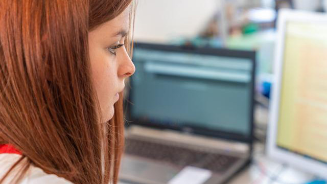 Una persona è seduta alla scrivania e lavora al computer portatile. In primo piano si vede la nuca con lunghi capelli rossicci. Davanti alla persona ci sono un computer portatile e un monitor con programmi aperti in un ambiente d'ufficio.