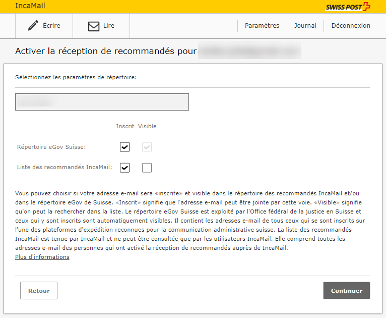 Capture d'écran pour la réception de recommandés