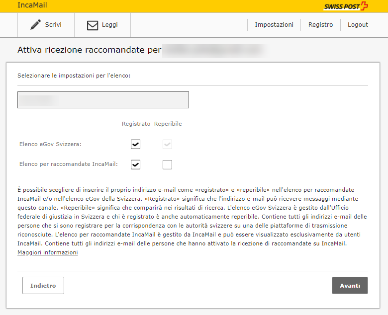 Schermata di ricezione della raccomandata