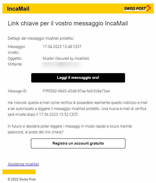 Schermata di un link chiave per leggere un messaggio