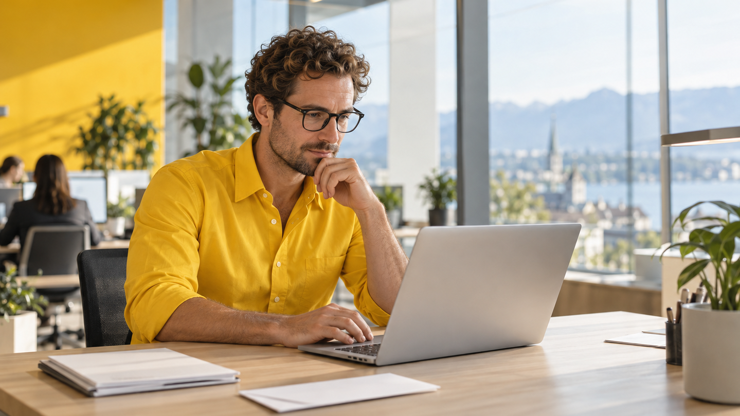 A man sits at a table in an open-plan office. He is working on his laptop.