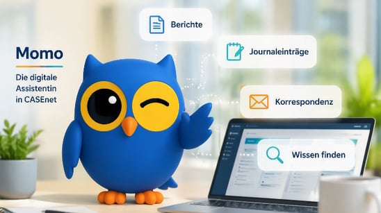 Un gufetto azzurro in stile cartoon che fa l’occhiolino appare accanto a un notebook con lo schermo aperto.