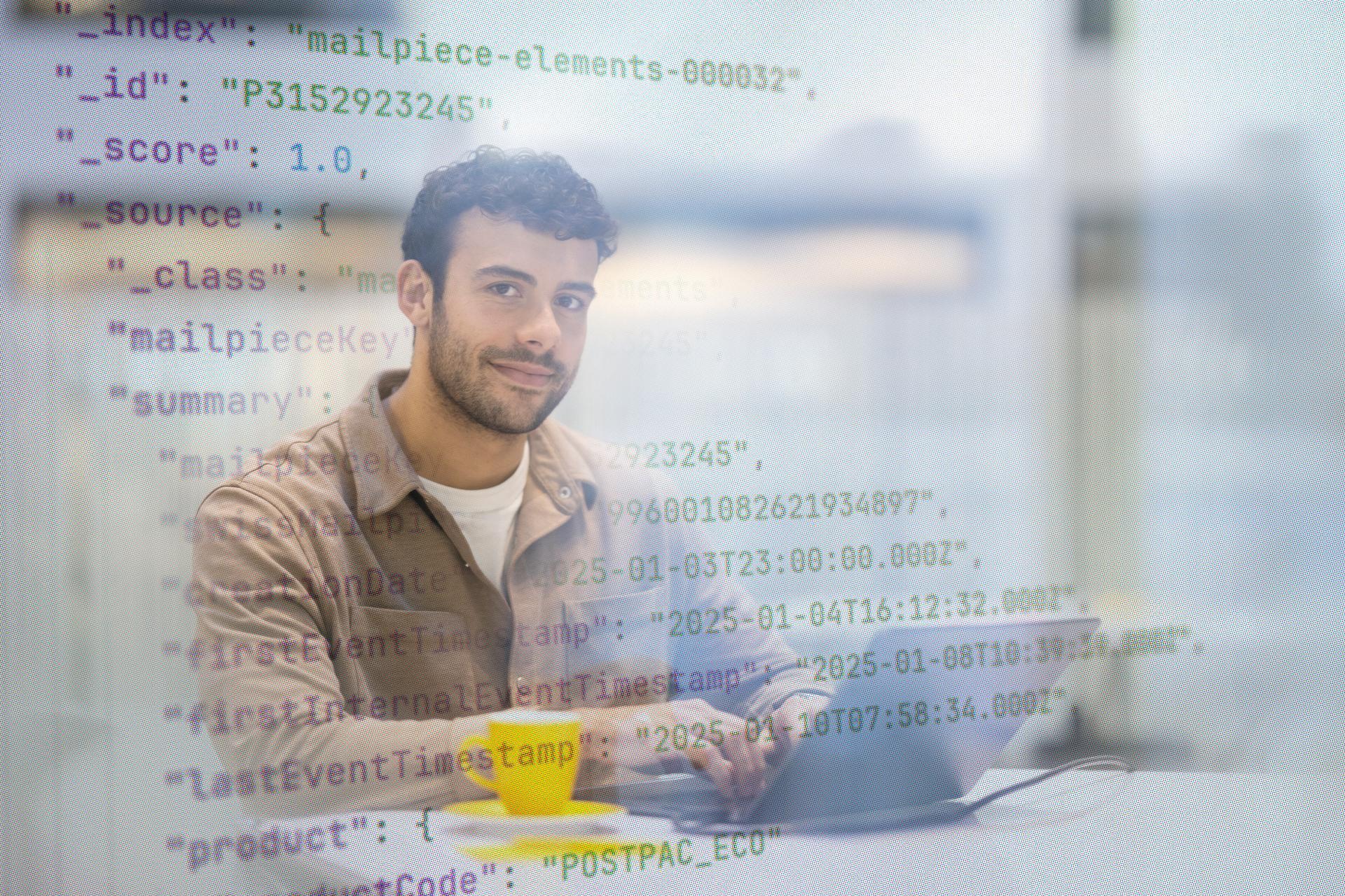 A man is sitting at a table with a laptop, surrounded by digital code overlaid on the image. He has a yellow cup in front of him. A man is sitting at a table with a laptop, surrounded by digital code overlaid on the image. He has a yellow cup in front of him.