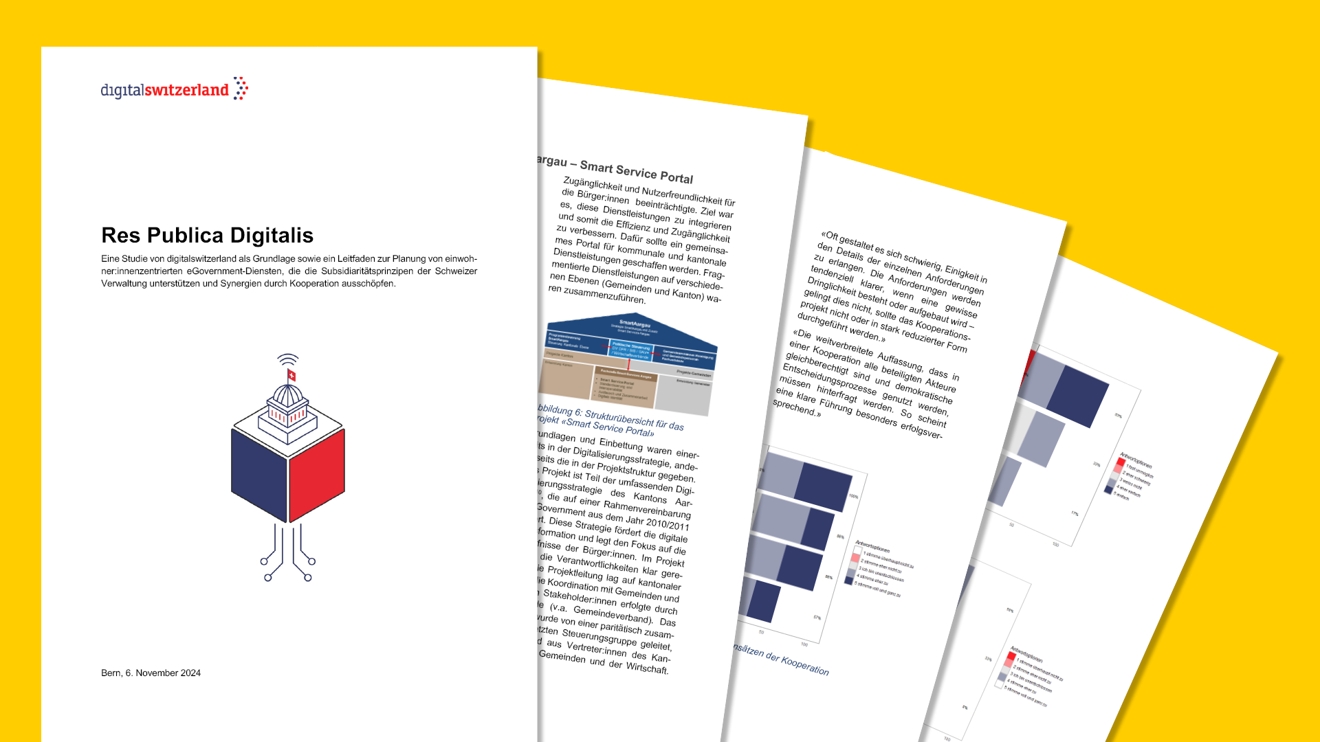 Four slightly overlapping pages of a report titled “Res Publica Digitalis” displayed on a yellow background. The first page features the “digitalswitzerland” logo, the title, and an illustration of a stylized cube with red and blue faces and digital lines. The other pages include text sections, charts, and graphics. Four slightly overlapping pages of a report titled “Res Publica Digitalis” displayed on a yellow background. The first page features the “digitalswitzerland” logo, the title, and an illustration of a stylized cube with red and blue faces and digital lines. The other pages include text sections, charts, and graphics.