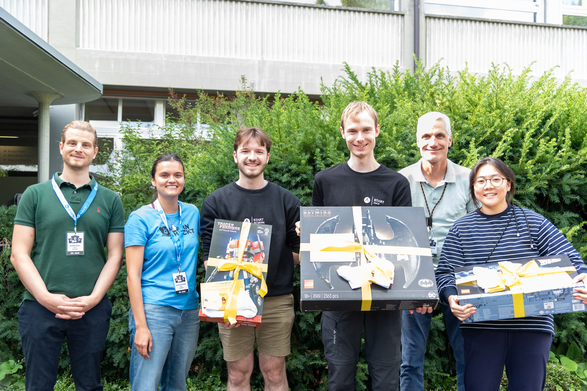 The three winners with their Lego sets. Also pictured are Xavier Monnat and Martina Schwab. The three winners with their Lego sets. Also pictured are Xavier Monnat and Martina Schwab.