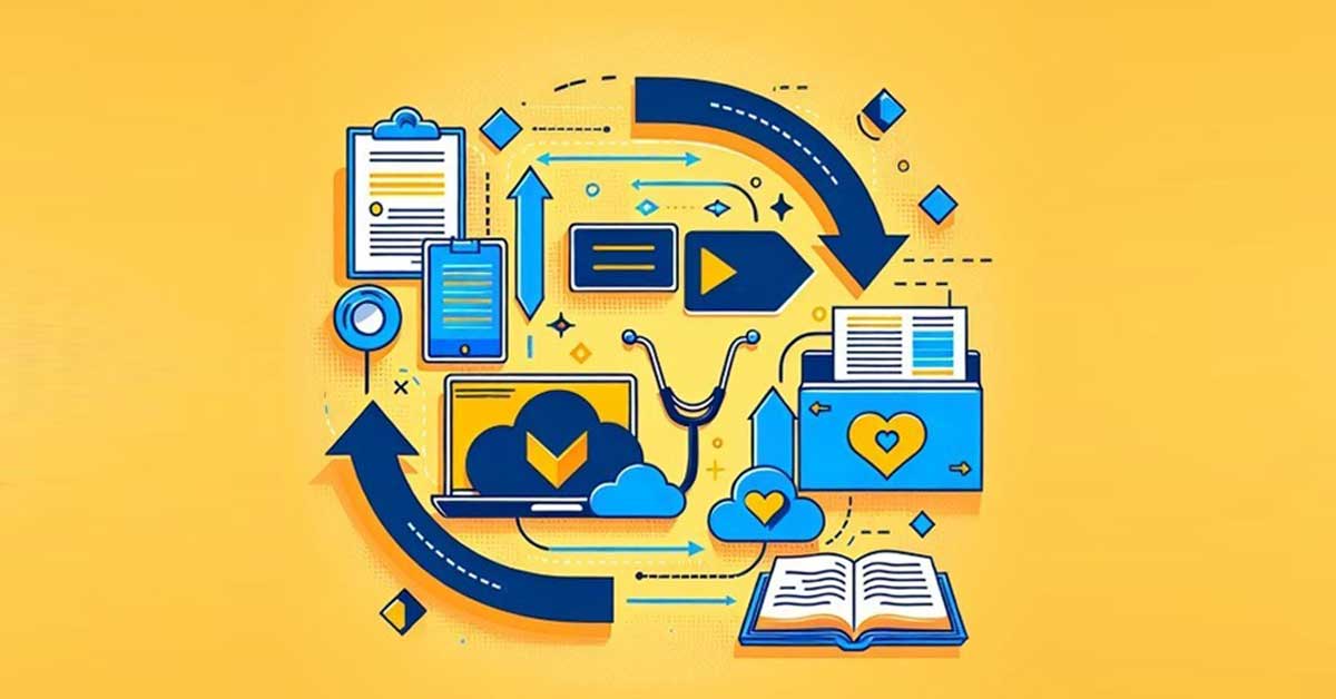Illustration zum Thema digitale Datenmigration: Symbole wie Laptop, Cloud, Ordner, Dokumente und Pfeile zeigen den Austausch und die Verarbeitung von Informationen. Illustration zum Thema digitale Datenmigration: Symbole wie Laptop, Cloud, Ordner, Dokumente und Pfeile zeigen den Austausch und die Verarbeitung von Informationen.