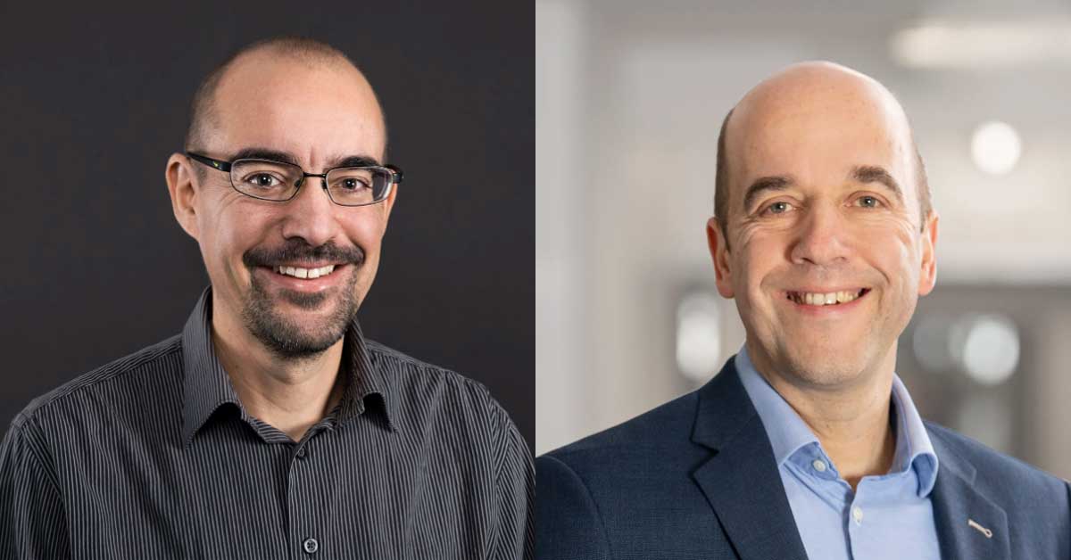 Zwei Personen stehen nebeneinander in getrennten Porträts. Links trägt die Person ein dunkles, gestreiftes Hemd vor schwarzem Hintergrund. Rechts trägt die Person ein blaues Sakko mit hellblauem Hemd vor einem unscharfen, hellen Hintergrund. Zwei Personen stehen nebeneinander in getrennten Porträts. Links trägt die Person ein dunkles, gestreiftes Hemd vor schwarzem Hintergrund. Rechts trägt die Person ein blaues Sakko mit hellblauem Hemd vor einem unscharfen, hellen Hintergrund.